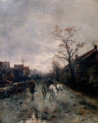 Image of sold oil painting of street scene with horse cart being pulled by a white horse by artist Emil Barbarini.