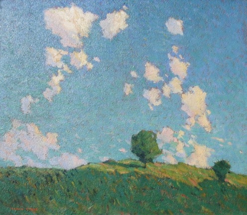 Image of Marvin Cone's sold oil painting entitled &quot;Rising Wind&quot; showing a very green hillside with a few trees and a cloud covered sky.