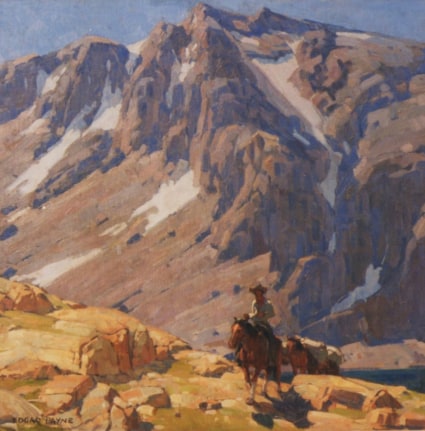 Image of sold oil painting of a High Sierra cowboy bringing supplies up a mountain via a packhorse by artist Edgar Payne.