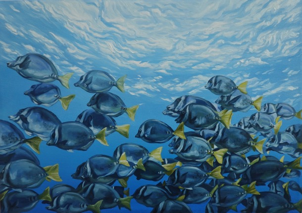 Image of Nikolina Kovalenko's oil painting entitled "Golden Rain" showing a school of Yellowtail Fusilier fish.