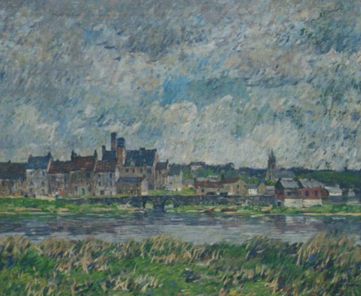 Image of sold oil painting of river view with a village in the background by Robert Spencer.
