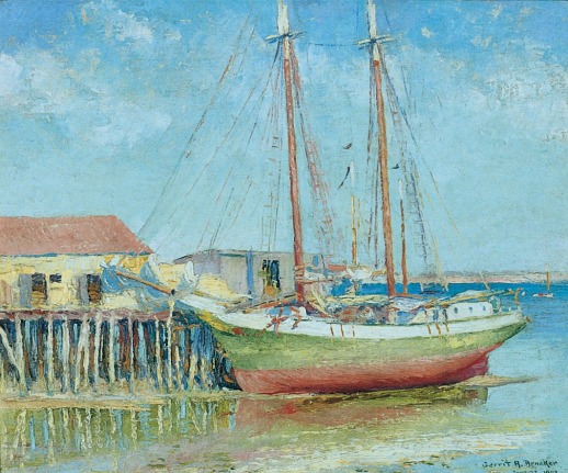 Image of Gerrit Benneker's sold painting &quot;Schooner, Low Tide&quot; showing a red, green and white painted two-mast boat resting against piers.