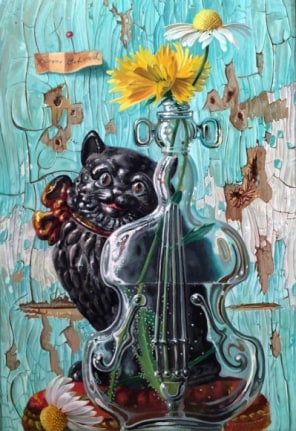 Image of sold Aaron Bohrod still life painting titled "Diddle, Diddle" featuring a violin shaped glass vase with flowers in front of a ceramic black cat with a peeling aqua colored background.