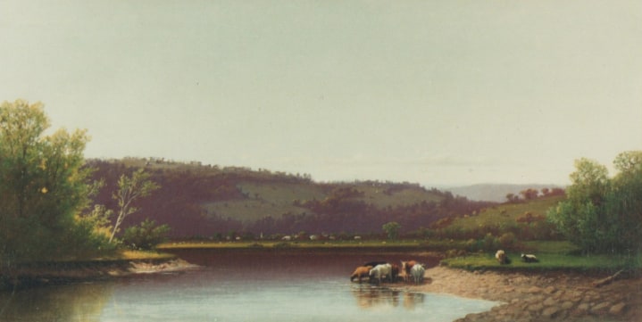 Sold oil painting entitled &quot;St. Helena Valley New York&quot; by Lemuel Maynard Wiles.