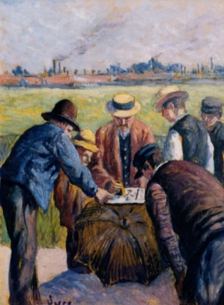 Image of sold oil painting entitled showing several men wearing hats betting by Maximilien Luce.