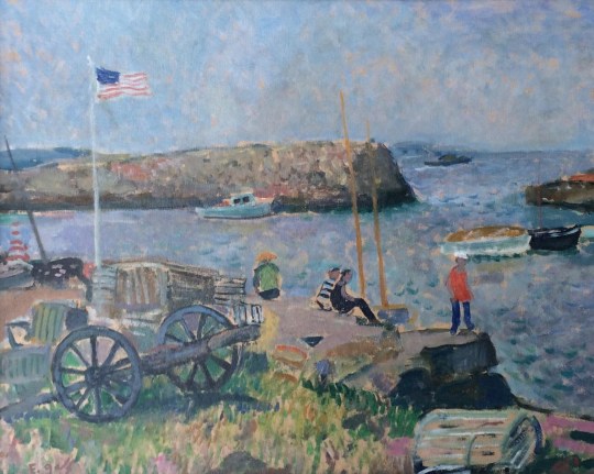 Image of sold Francois Gall oil painting showing the coast at Rockport  with people sitting and standing on a break wall, an old cannon, a flag and lobster trap.