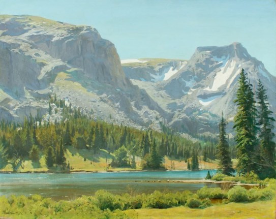 Image of sold oil painting by Ogden Pleissner of Jenny Lake, Wyoming with the mountains rising in the background and a lake surrounded by fir trees.