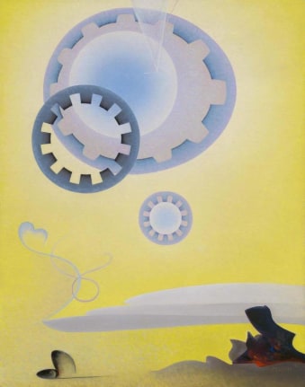 Image of sold transcendental abstract painting entitled &quot;Prelude&quot; by Agnes Pelton with blue, grey and black shapes on a yellow background.