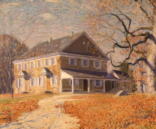 Image of Daniel Garber's sold oil painting entitled &quot;Friend's Meeting House&quot; showing a yellow brick house in fall.