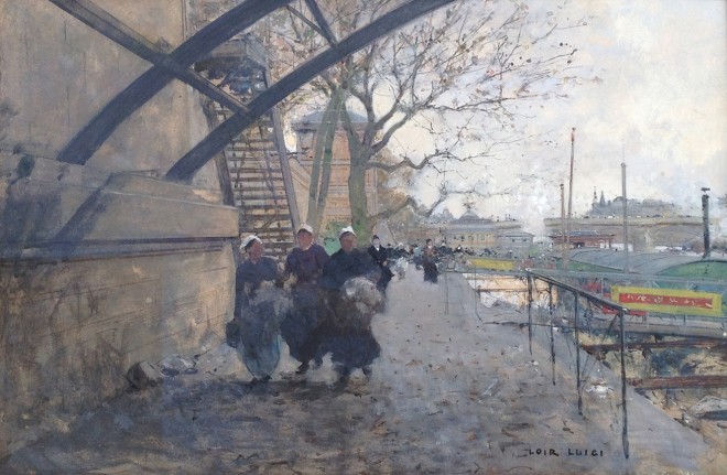 Image of sold impressionist painting by Luigi Loir -- a gouache titled Sous Le Pont, showing people walking alongside a river.