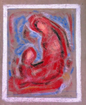 Image of sold Emil Bisttram abstract pastel of two figures in red, black and blue.