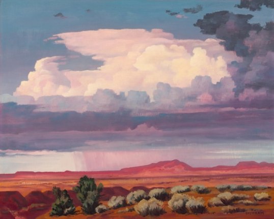 Image of sold Emil Bisttram painting titled "Red Rain" depicting rain in the distance over a red desert landscape.