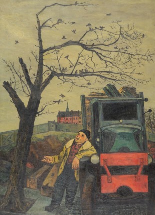 Image of oil painting by Gregorio Prestopino titled "The Junkman's Serenade" showing a man leaning on his truck's bumper and serenading birds in a tree.