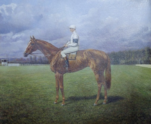 Image of sold painting by Auguste Bressin of the racehorse Maintenon and his jockey standing in a green field.