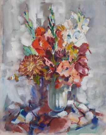 Image of an impressionist watercolor by John Costigan of a flower arrangement in a vase.