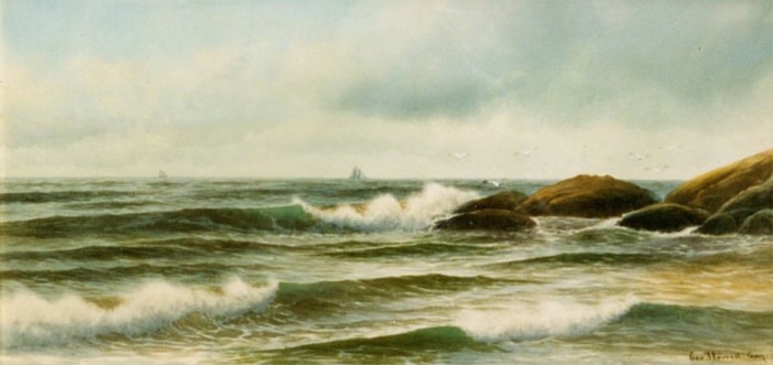 Image of sold watercolor by George Howell Gay entitled &quot;View at Manchester, MA&quot; showing a shoreline with crashing waves.