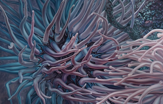 Image of Nikolina Kovalenko's painting entitled "Rendez-Vous" showing two anemone next to each other.