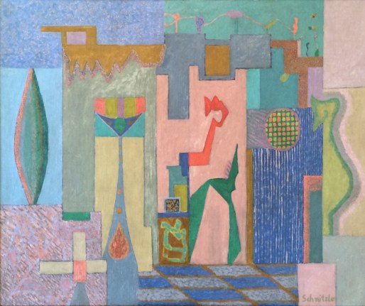 Image of sold abstract oil painting by Max Schnitzler titled "Interior" done in pastel colors.