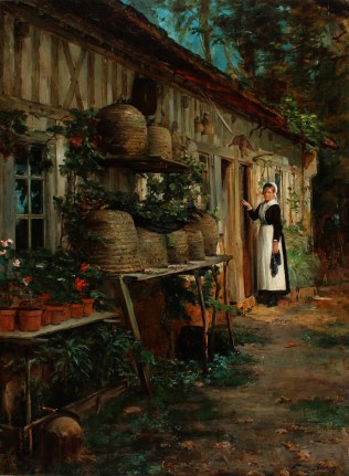 Image of Henry Bacon's 1881 oil painting entitled "Beekeeper's Daughter" showing a young girl in old fashioned dress, apron and cap standing outside a door. In the foreground several bee skeps and flower pots sit on shelves outside the building.