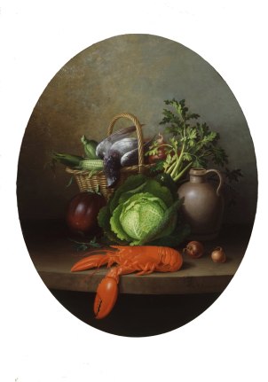 Image of Paul LaCroix's sold painting of a &quot;Still Life with Lobster&quot; showing a basket of produce, large cabbage, jug, two onions and a cooked lobster.