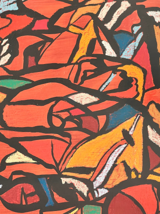 Closeup image of untitled abstraction (004) by Fred Martin in reds and other colors.