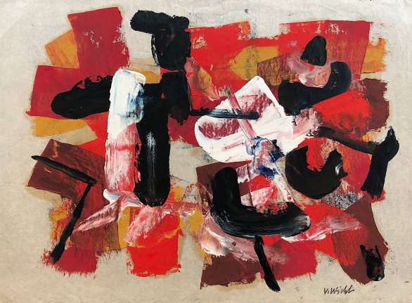 Image of untitld (020) abstract mixed media artwork by John Von Wicht in reds, black, white and ochre.