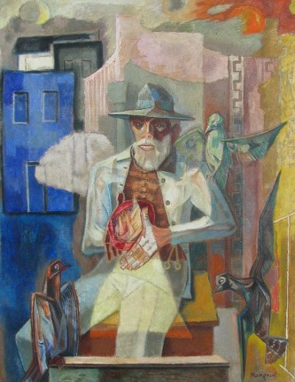 Image of sold cubist/surrealist painting by Peppino Mangravite showing a seated bearded man wearing a hat surrounded by three birds he is feeding.