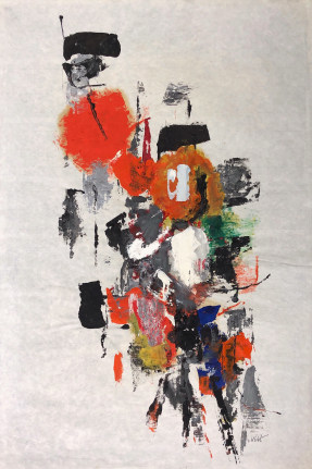 Image of untitled (153) mixed media artwork by John Von Wicht in reds, black, grey, yellow and other colors.