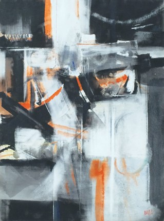 Image of sold abstract watercolor painting titled "Night Lights" by Walter Meigs in black, white and orange.