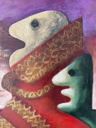 Closeup detail of two humanoid figures in &quot;Blueprint of the Future&quot; painting by Julio De Diego.