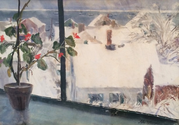 Image of sold watercolor painting by John Whorf Winter titled From My Studio, Provincetown, showing a potted plant on a windowsill and a view out at a snowy village.