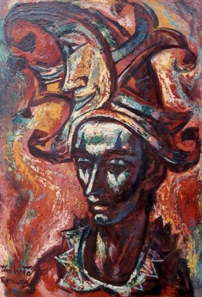 Image of sold oil painting of clown with moon hat by Umberto Romano.