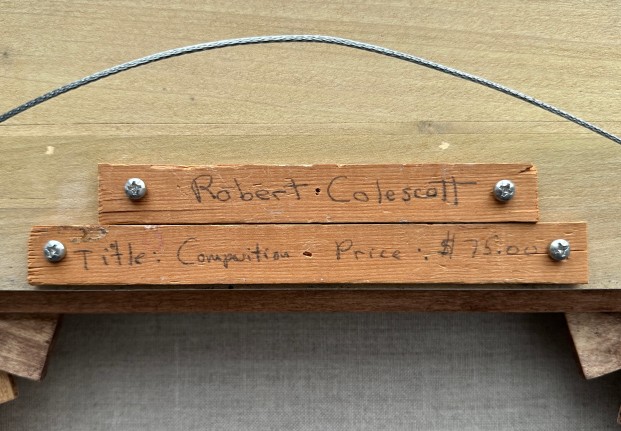 Image of abstract painting entitled Composition by Robert Colescott verso showing artist name, title and original price.