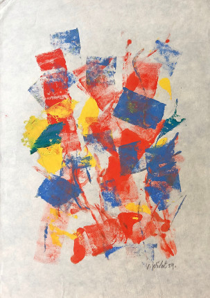 Image of untitled (015) abstract mixed media artwork by John Von Wicht in primary colors.