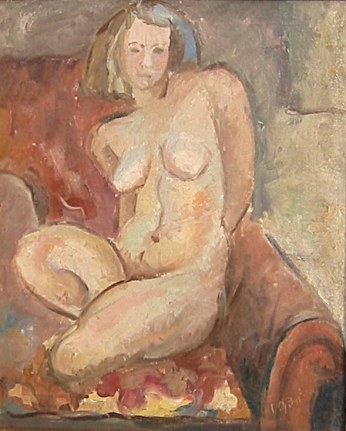 Image of oil painting showing the artist's wife nude and sitting on folded legs in a chair by Hans Burkhardt.