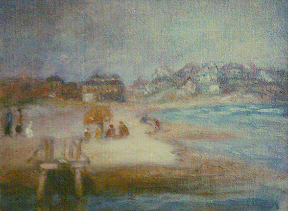 Image of sold painting by William Glackens entitled &quot;Bass Rocks Gloucester&quot; showing a beach scene.