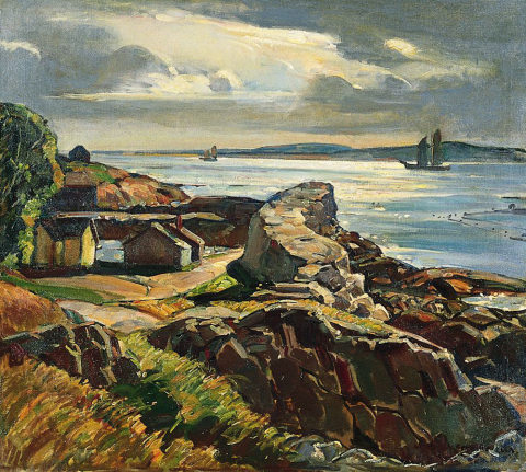Image of sold oil painting showing houses near Lane's Cove, Cape Ann with the ocean and sailboats in the distance by William Lester Stevens.
