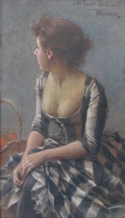 Image of sold oil painting by Frederik Kaemmerer showing a woman sitting in profile wearing a low-cut black and white stripped dress.