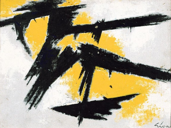 Image of Charles Green Shawn's sold abstract oil painting entitled &quot;Song of August&quot; in black and yellow on a white background.