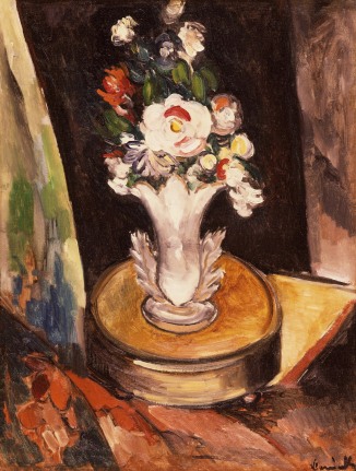 Image of sold oil painting of still life with flowers in a white vase by Maurice de Vlaminck.