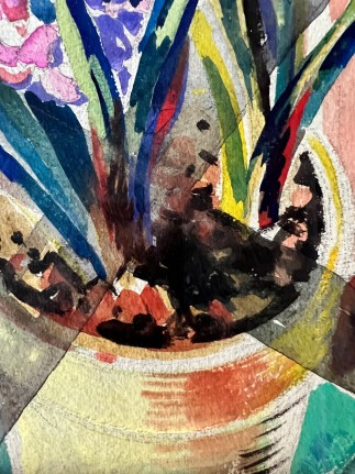 Image of closeup detail of Jessie Bone Charman's watercolor of a potted hyacinth plant.