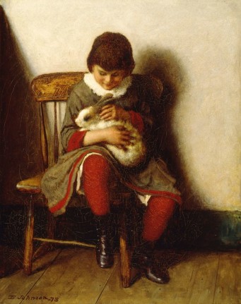 Image of sold oil painting by Eastman Johnson showing a young girl with red stockings sitting in a chair and holding a rabbit on her lap.