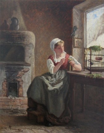 Image of Michel Arnoux's sold oil painting entitled &quot;Girl with Bird&quot; showing a girl in old fashioned clothes, sitting in front of a cold hearth next to an open window with a small bird on her hand.