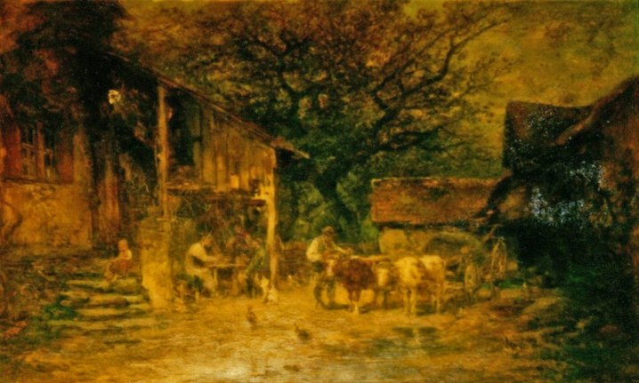Image of sold oil painting of barnyard with animals and people by Anton Burger.