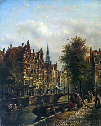 Image of sold canal scene with people walking and boating by Johannes Franciscus Spohler.