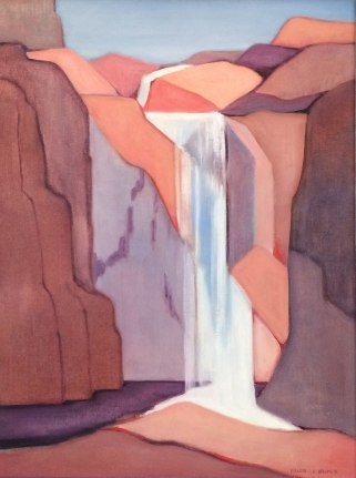 Image if sold oil painting of waterfall done in pinks and purples by Helen F. Kramer.