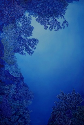 Image of Nikolina Kovalenko's painting "Twilight Canyon" showing blue ocean and blue coral reefs.