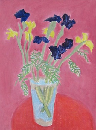 Image of sold painting by Sally Michel of a spring bouquet of yellow and purple flowers in a vase against a pink background.