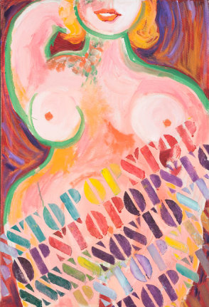 Image of oil painting by Miriam Laufer entitled "StopOp" depicting the torso and lower jaw of a female nude with the word "STOP" stenciled over her several times in various colors. .