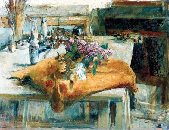 Image of sold oil painting by Pierre Roussel entitled &quot;Studio Interior&quot; showing a table with a golden cushion with a jar of lilacs on it.